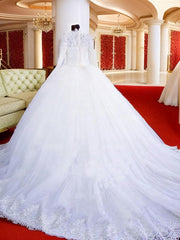 Ball-Gown High Neck Long Sleeves Lace Chapel Train Tulle Wedding Dresses