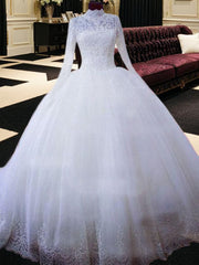 Ball-Gown High Neck Long Sleeves Lace Chapel Train Tulle Wedding Dresses