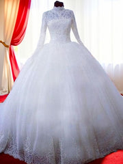 Ball-Gown High Neck Long Sleeves Lace Chapel Train Tulle Wedding Dresses