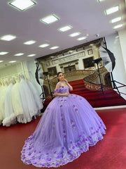 Ball Gown Lace Off-the-Shoulder Lavender Quinceanera Dresses