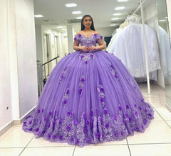 Ball Gown Lace Off-the-Shoulder Lavender Quinceanera Dresses