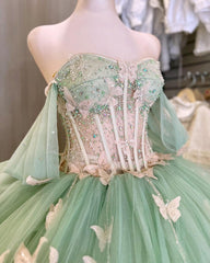 Ball Gown Light Green Tulle Quinceanera Dresses With Butterflies