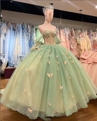 Ball Gown Light Green Tulle Quinceanera Dresses With Butterflies