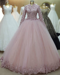 Ball Gown Long Sleeves Pink Tulle Evening Dresses