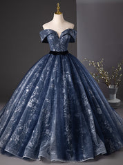 Ball Gown Navy Blue Sequins Off the Shoulder Quinceanera Dresses