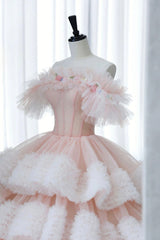 Ball Gown Off Shoulder Pink Tulle Long Prom Dresses, Sweet 16 Dresses