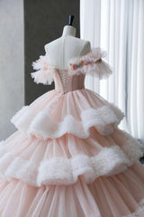 Ball Gown Off Shoulder Pink Tulle Long Prom Dresses, Sweet 16 Dresses