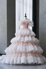 Ball Gown Off Shoulder Pink Tulle Long Prom Dresses, Sweet 16 Dresses