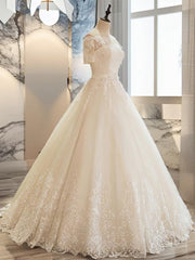 Ball-Gown Off-the-Shoulder 1/2 Sleeves Appliques Lace Floor-Length Tulle Wedding Dresses