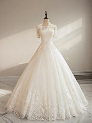 Ball-Gown Off-the-Shoulder 1/2 Sleeves Appliques Lace Floor-Length Tulle Wedding Dresses