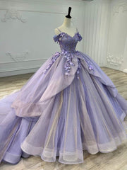 Ball Gown Organza Off-the-Shoulder Lavender Quinceanera Dresses