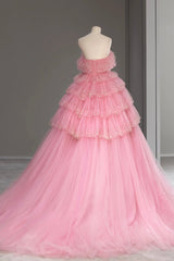 Ball Gown Pink Tulle Sequins Long Prom Evening Dresses, Beautiful Pink Strapless Sweet 16 Dresses