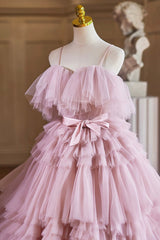 Ball Gown Pink Tulle Spaghetti Strap Long Prom Evening Dresses, Pink Sweet 16 Dresses