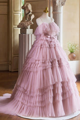 Ball Gown Pink Tulle Spaghetti Strap Long Prom Evening Dresses, Pink Sweet 16 Dresses