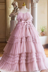 Ball Gown Pink Tulle Spaghetti Strap Long Prom Evening Dresses, Pink Sweet 16 Dresses