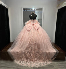 Ball-Gown Pink Tulle Sweetheart Sleeveless Quinceanera Dresses with Bow