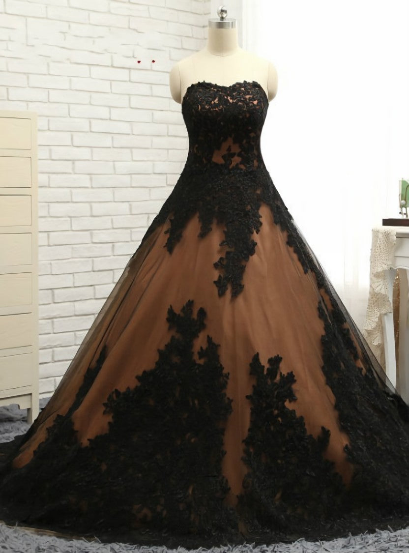 Ball Gown Prom Dresses Black Lace Appliques Prom Dress