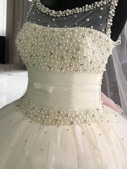 Ball-Gown Scoop Beading Floor-Length Tulle Wedding Dresses