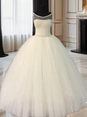 Ball-Gown Scoop Beading Floor-Length Tulle Wedding Dresses