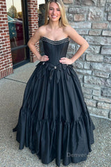 Ball Gown Scoop Neck Satin Long Prom Dresses with Beading