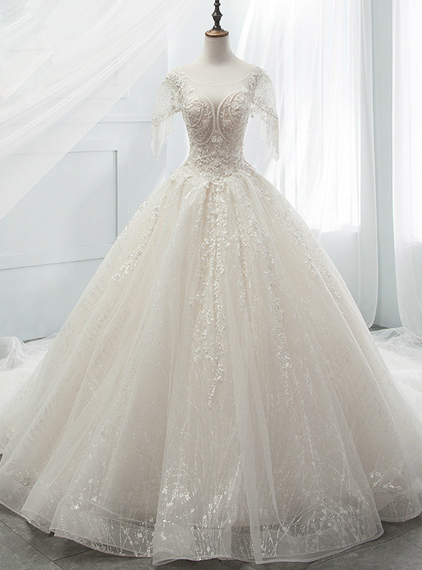 Ball Gown Sequins Tulle Sequins Backless With Beading Wedding Dress