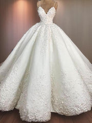 Ball-Gown Spaghetti Straps Applique Floor-Length Satin Wedding Dresses