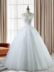 Ball-Gown Sweetheart Applique Floor-Length Tulle Wedding Dresses