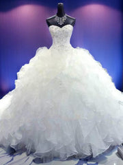 Ball-Gown Sweetheart Beading Cathedral Train Organza Wedding Dresses