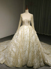 Ball Gown Tulle Gold Sequins Lace Long Sleeve Backless Wedding Dresses With Long Train