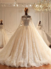 Ball Gown Tulle Sequins High Neck Wedding Dresses