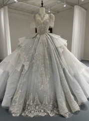 Ball Gown Tulle Sequins Long Train Wedding Dress