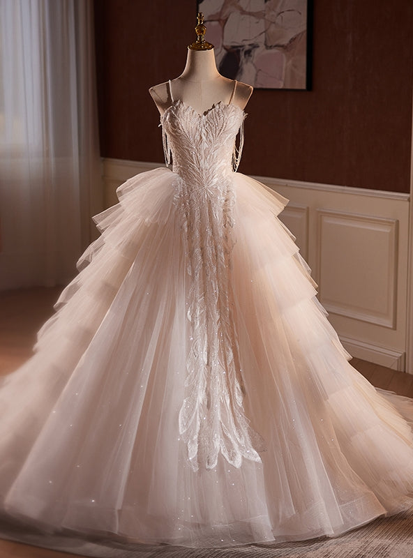 Ball Gown Tulle Spaghetti Straps Tiers Wedding Dress