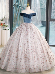 Ball Gown Tulle Velvet Sequins Off the Shoulder Quinceanera Dresses