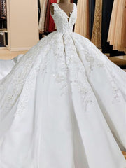 Ball-Gown V-neck Appliques Lace Sweep Train Satin Wedding Dresses