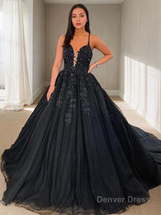 Ball Gown V-neck Court Train Tulle Prom Dresses With Appliques Lace