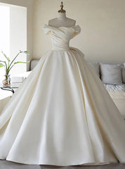 Ball Gown White Satin Off the Shoulder Pleats Wedding Dresses