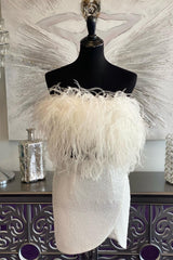 White Sequins Strapless Homecoming Dresses with Feathers