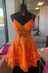 Orange A-line V Neck Straps Sequins-Embroidered Homecoming Dresses