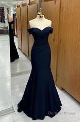 Long Navy Prom Dress Mermaid Off-the-Shoulder Sweetheart Sleeveless