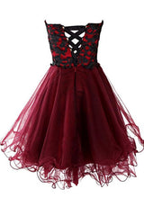 Lovely Cute Appliques Burgundy Sweetheart Organza Lace Up Short Homecoming Dresses