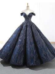 Be The Prom Queen In Navy Blue Sequins Ball Gown Off The Shoulder Prom Dresses