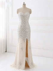 Beaded Evening Dresses Sweetheart Slit Champagne Mermaid Prom Dresses