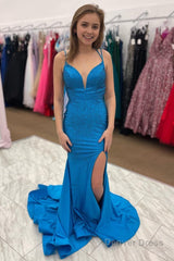 Beading Blue Mermaid Prom Dress with Slit