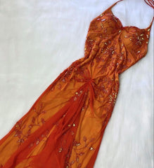 Beautiful A line Spaghetti Straps Orange Chiffon Prom Dresses With Beads