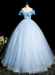 Beautiful Light Blue Tulle Off Shoulder Sweet 16 Dresses, Light Blue Formal Dresses