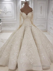 Beautiful Long Sleevess V neck Appliques Ball Gown Wedding Dress