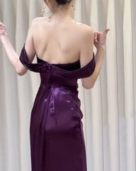 Beautiful Purple Satin Mermaid Off Shoulder Prom Dresses, Purple Satin Evening Dresses