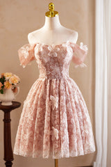 Beautiful Tulle Flower Knee Length Prom Dresses, Off the Shoulder Short Sleeve Evening Party Dresses