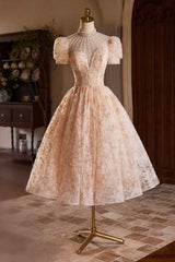 Beautiful Tulle Flower Tea Length Prom Dresses, Off the Shoulder Short Sleeve Evening Party Dresses