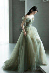 Beautiful Tulle Flowers Long Prom Dress, Green A-Line Formal Evening Dress